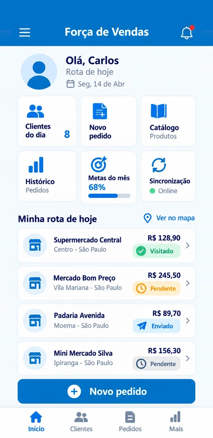 Tela inicial do aplicativo GRV Força de Vendas no celular do vendedor, com a rota do dia, as metas e o botão Novo pedido
