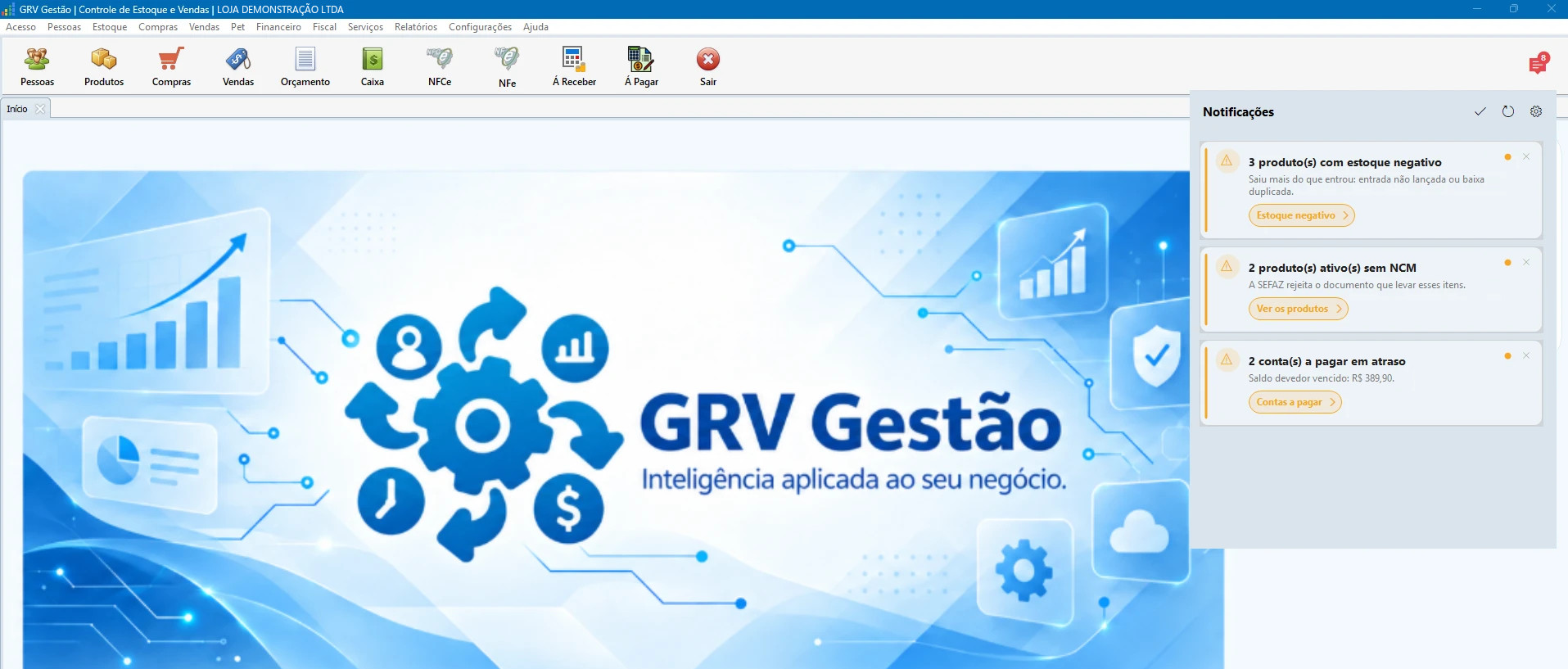 Central de Notificações aberta sobre a tela inicial do GRV Gestão, com avisos de estoque negativo, produtos sem NCM e contas a pagar em atraso
