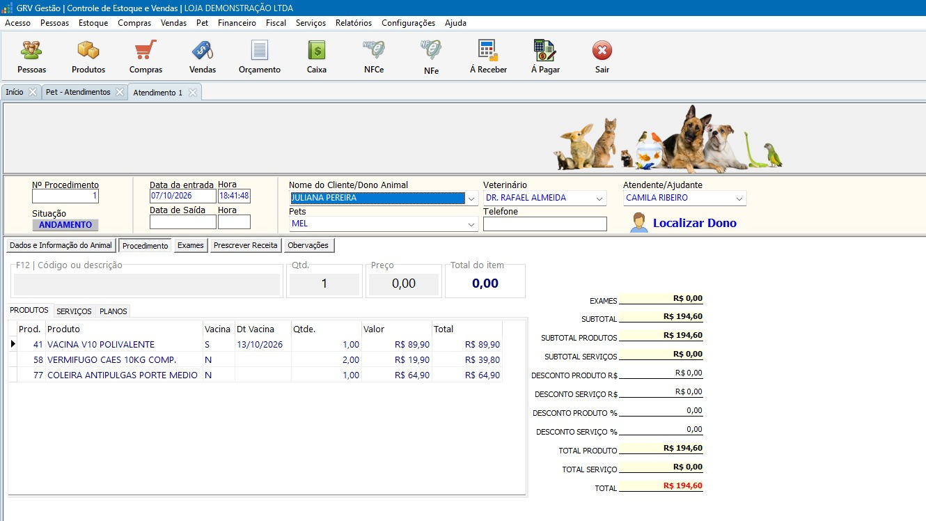 Atendimento pet no GRV Gestão com o tutor, o veterinário, a vacina V10 lançada com a data e os totais do atendimento